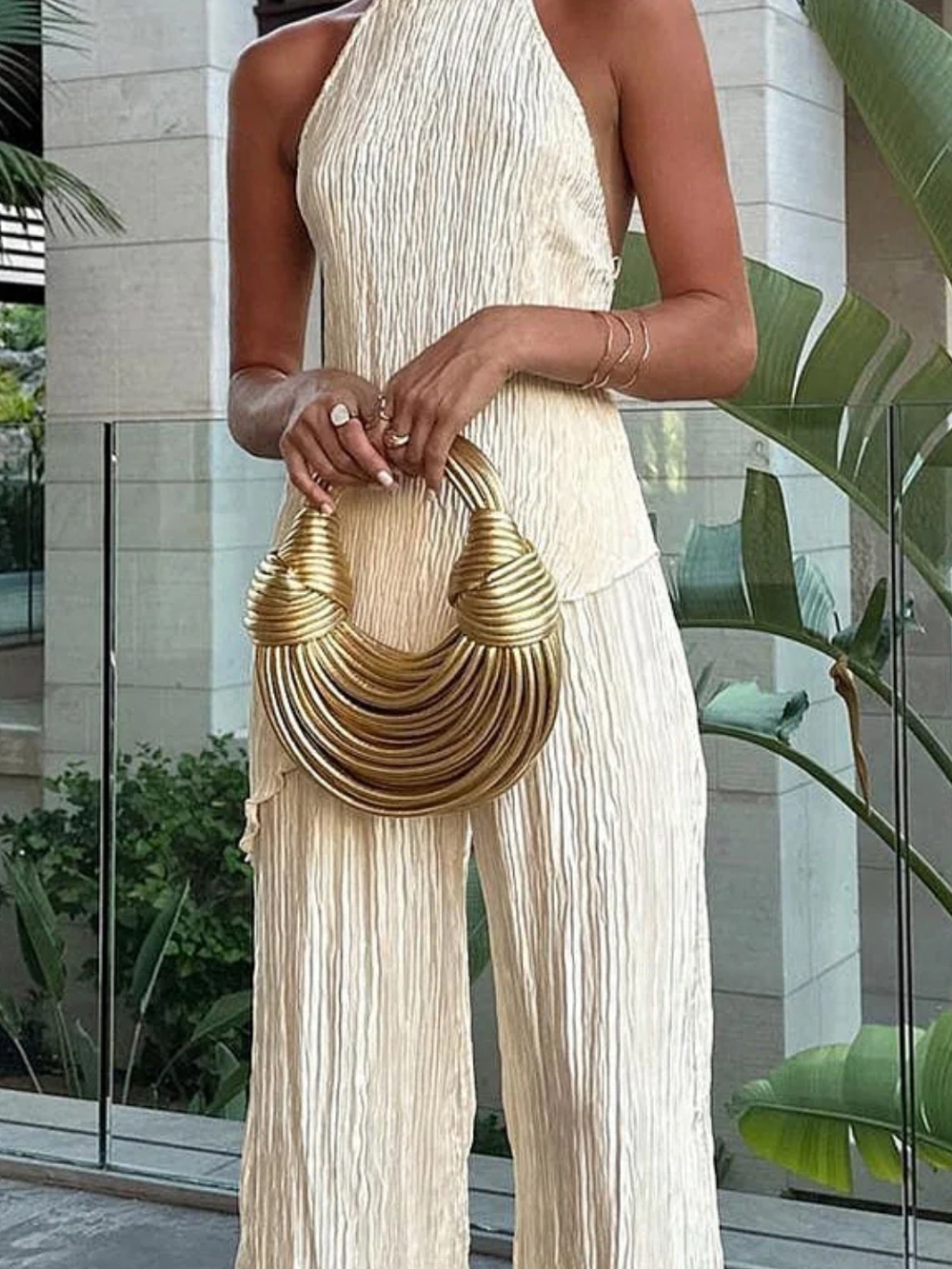 Commense Cream Halter Wide-Leg Jumpsuit